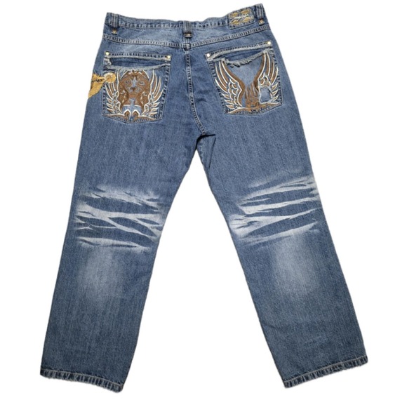 Vintage Miskeen Jeans Mens 40x32‎ Baggy Y2K Embroidered Aztec Skater Hip Hop - Picture 1 of 16